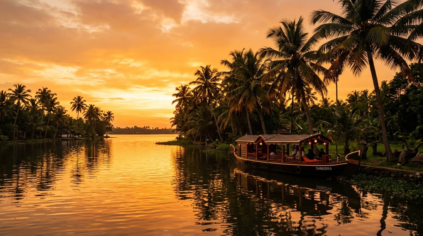 Warm golden sunset over Kerala backwaters in Alappuzha