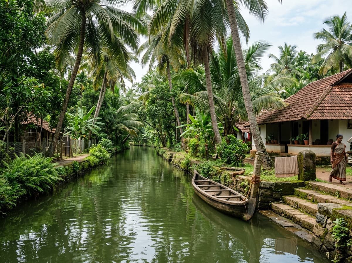 Authentic Kerala village canal with quiet waterway and lush coconut trees in Alappuzha